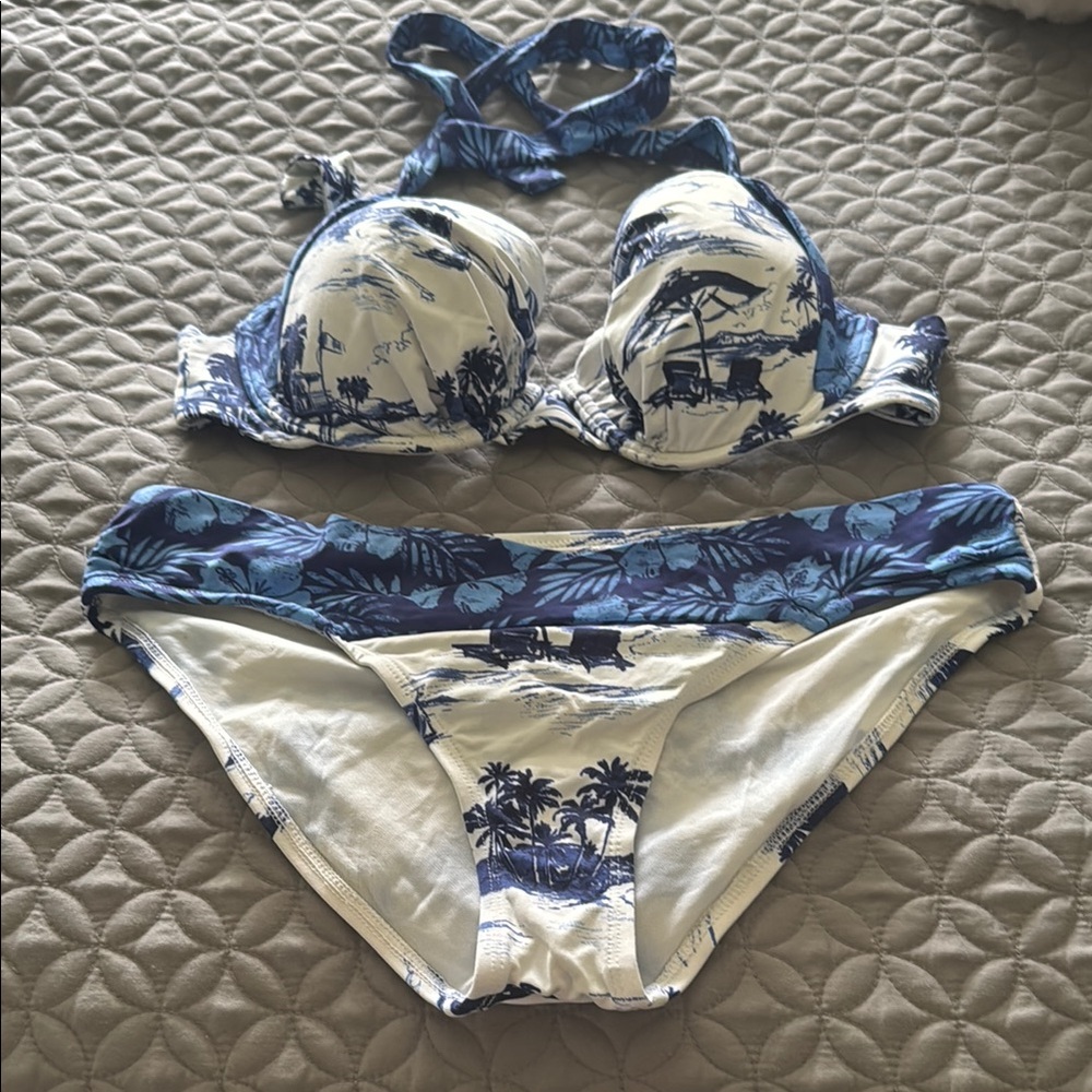 Blue and White Tropical Bikini Set